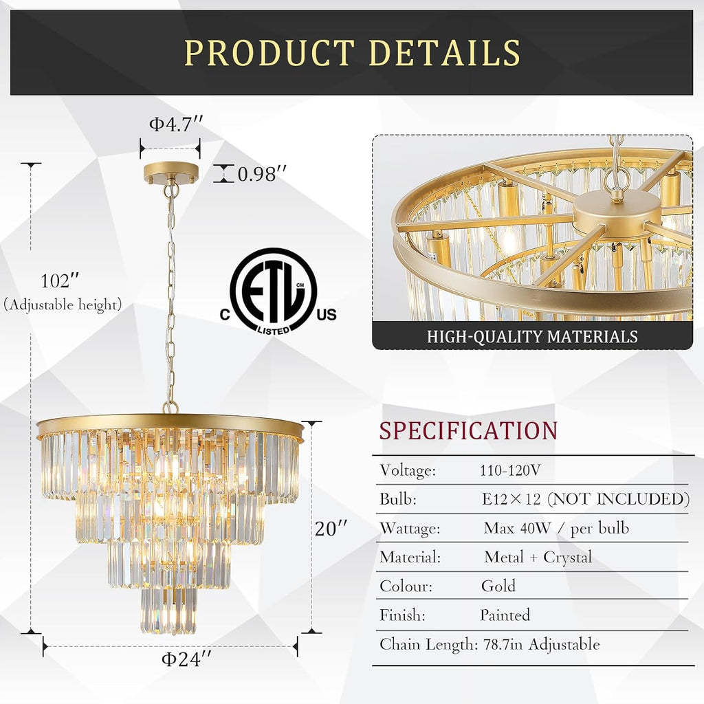 Gold Crystal Chandeliers 24' Modern Large Chandeliers Luxury 4-Tier 12 Lights K9 Crystal Round Ceiling Pendant Light Fixture Contemporary for Dining Room Foyer Staircase Living Room