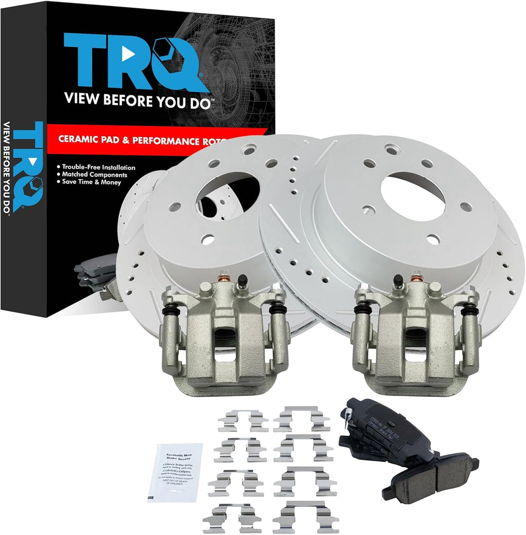 TRQ Performance Rear Brake Pad and Rotor Set Ceramic Vented Coated Rotors Calipers Compatible with 2003-2005 Infiniti G35 350Z