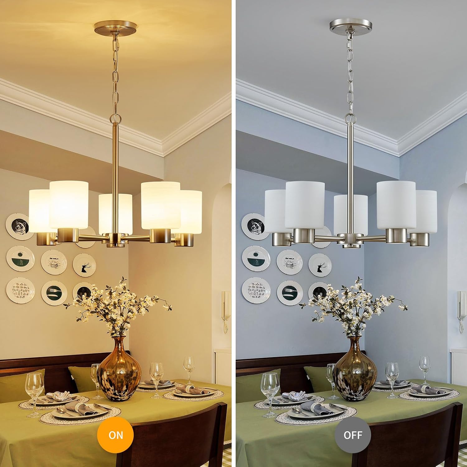 WUZUPS 5-Light Pendant Chandelier Light Frosted White Glass Shade with Grain Ceiling Lighting Elegant Modern Fixture Bathroom Kitchen Dining Room Entry Foyer, H 15.8' W21, E12 Base, Brushed Nickel