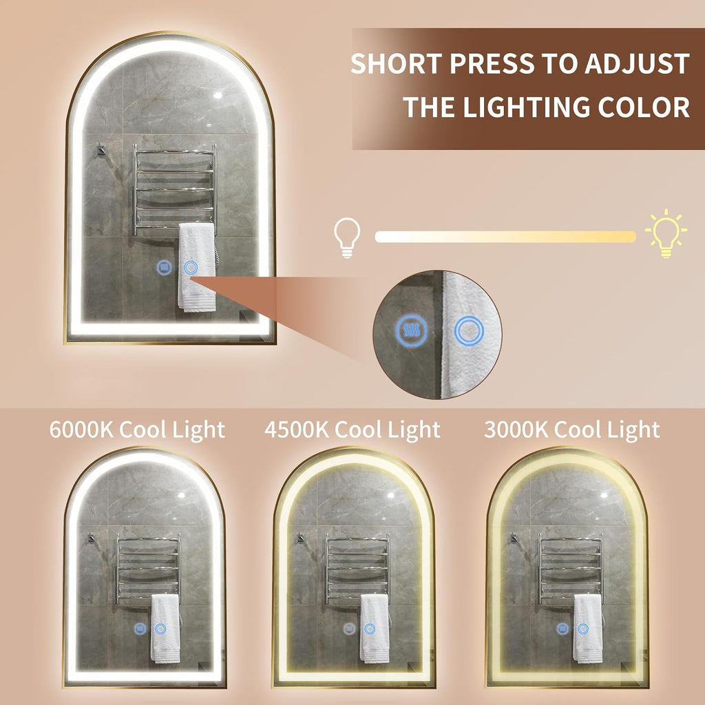 24' x 36' LED Bathroom Mirror with Lights, Gold Arched LED Mirror for Bathroom, Lighted, Anti-Fog, Dimmable Adjustable, 3 Colors, Vertical/Horizontal, CRI90+,Touch Button