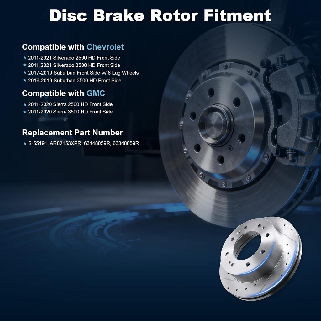 Front Drilled and Slotted Disc Brake Rotors Fit for Chevy 2011-2021 Silverado 2500HD/3500HD, 2017-2019 Suburban 2500, 2016-2019 Suburban 3500HD; for GMC 2011-2020 Sierra 2500HD/3500HD #55191