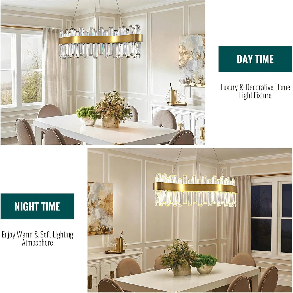 Siljoy Modern LED Crystal Chandelier, Luxury Brass Gold 2-Tiers K9 Crystal Raindrop Chandelier, Adjustable Height Linear Crystal Pendant Island Light for Living Dining Room Kitchen Island L30''