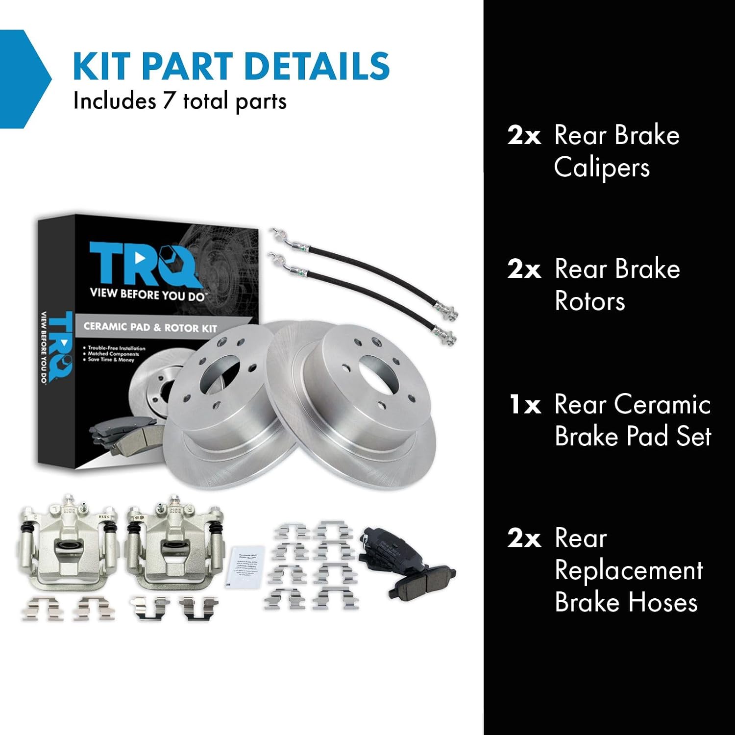 TRQ Rear Brake Pad and Rotor Set Ceramic Rotors Calipers Hoses Compatible with 2007-2012 Nissan Altima