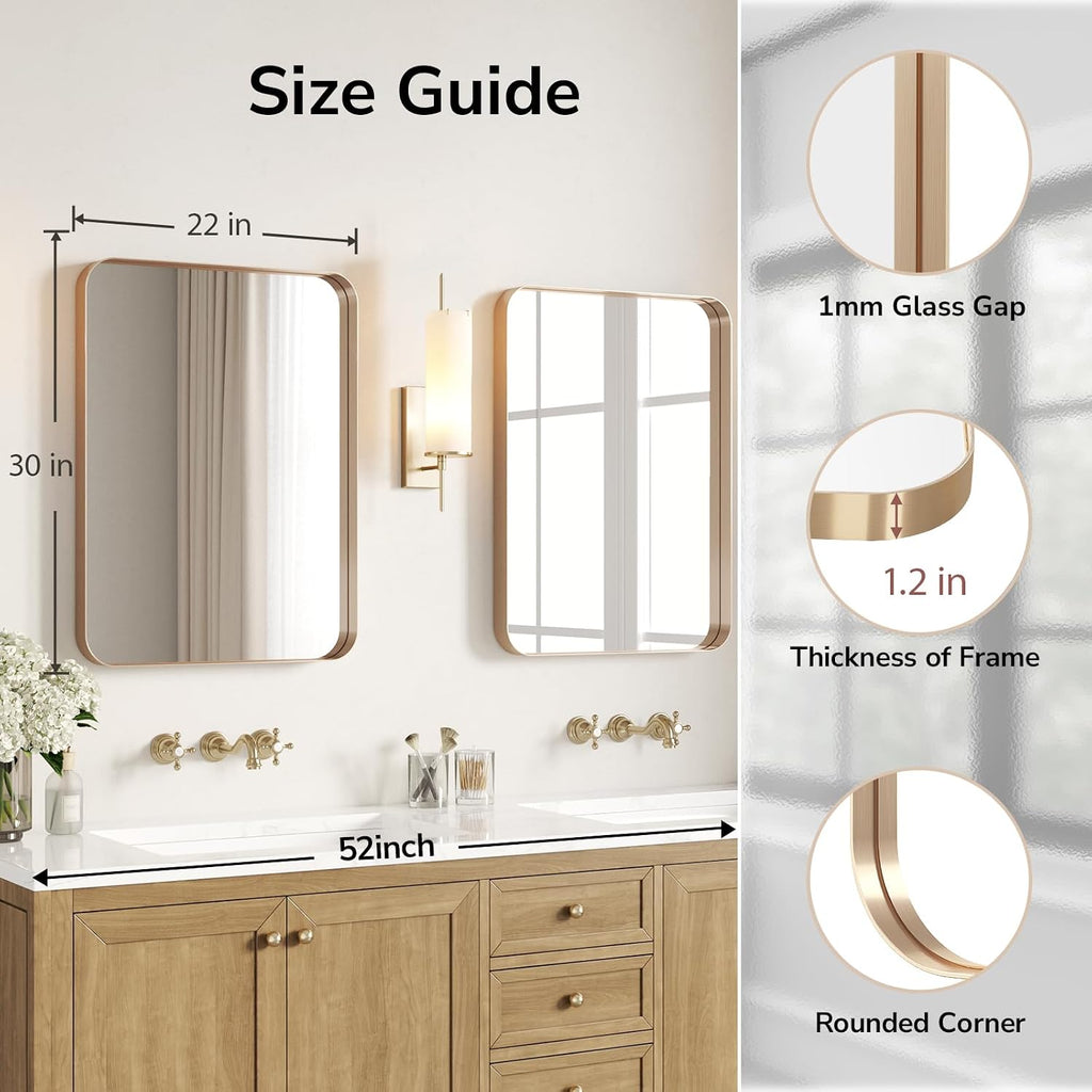 USHOWER Gold Bathroom Mirrors 22'x30' 2 Pack, Brushed Gold Rounded Rectangle Mirrors for Over Sink, Aluminum Frame, Anti-Rust, Tempered Glass, Horizontal or Vertical Mounted