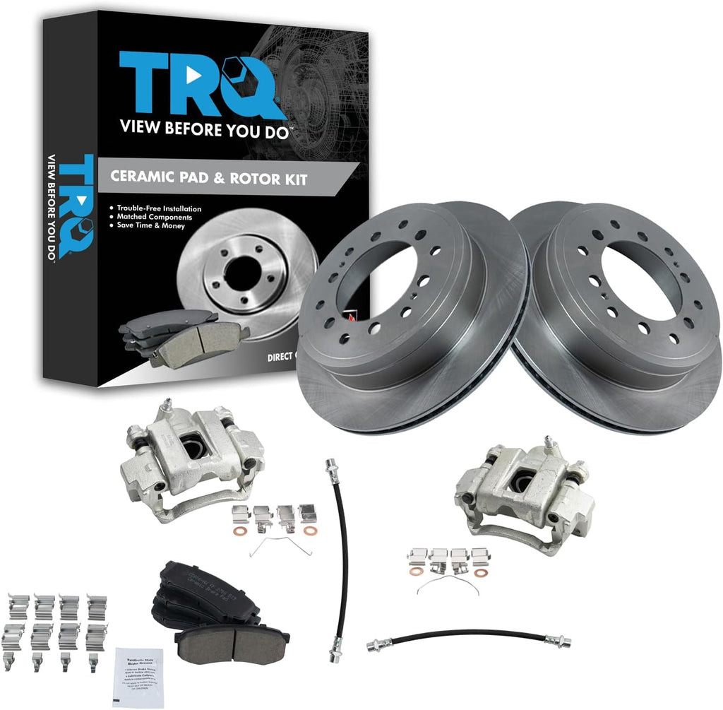 TRQ Rear Brake Pad and Rotor Set Ceramic Rotors Calipers Hoses Compatible with 2014-2020 Lexus GX460 2014-2018 Toyota 4Runner