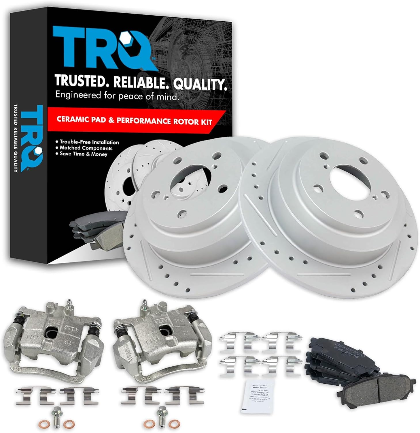 TRQ Performance Rear Brake Pad and Rotor Set Ceramic G Coated Slotted Drilled Rotors Calipers Compatible with 2005-2006 Saab 9-2X 2004-2008 Subaru Forester 2004-2007 Impreza