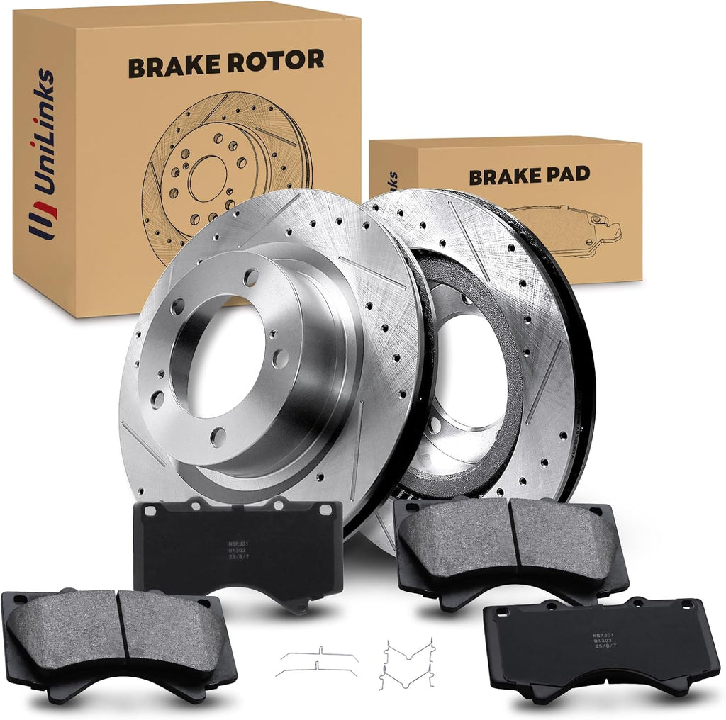 Front Drilled and Slotted Disc Brake Rotors & Ceramic Brake Pads Kit Fit for Lexus 2016-2020 LX570; for Toyota 2016-2020 Land Cruiser, 2008-2021 Sequoia, 2007-2021 Tundra #31482 D1303