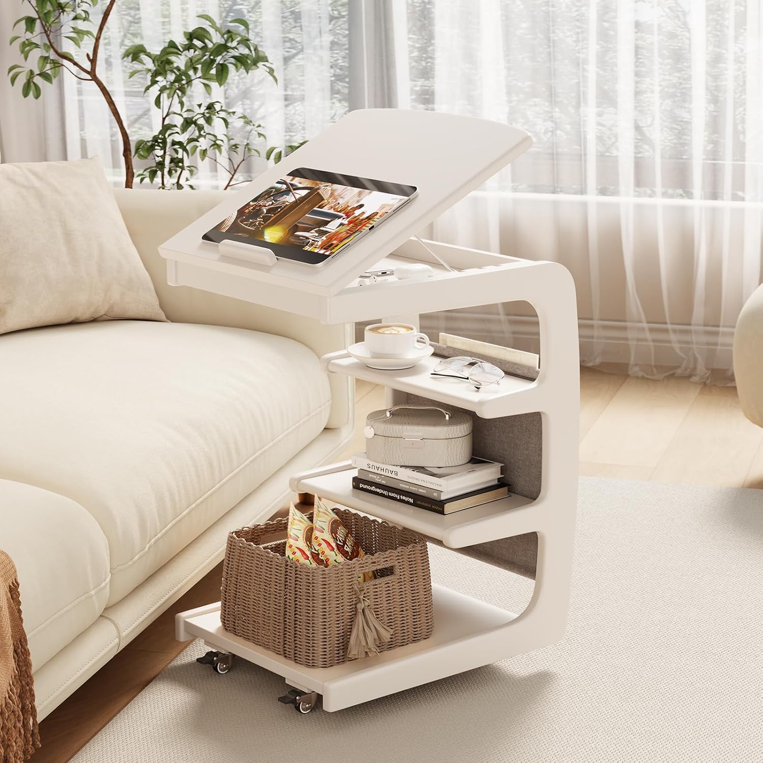 AQIMUELE Wooden C-Shaped End Table,Couch Desk with 2 Lockable Wheels,4-Tier Couch Table with Storage Bag,Small Rolling Side Table Tv Trays for Couch, Living Room,Bedroom (White)
