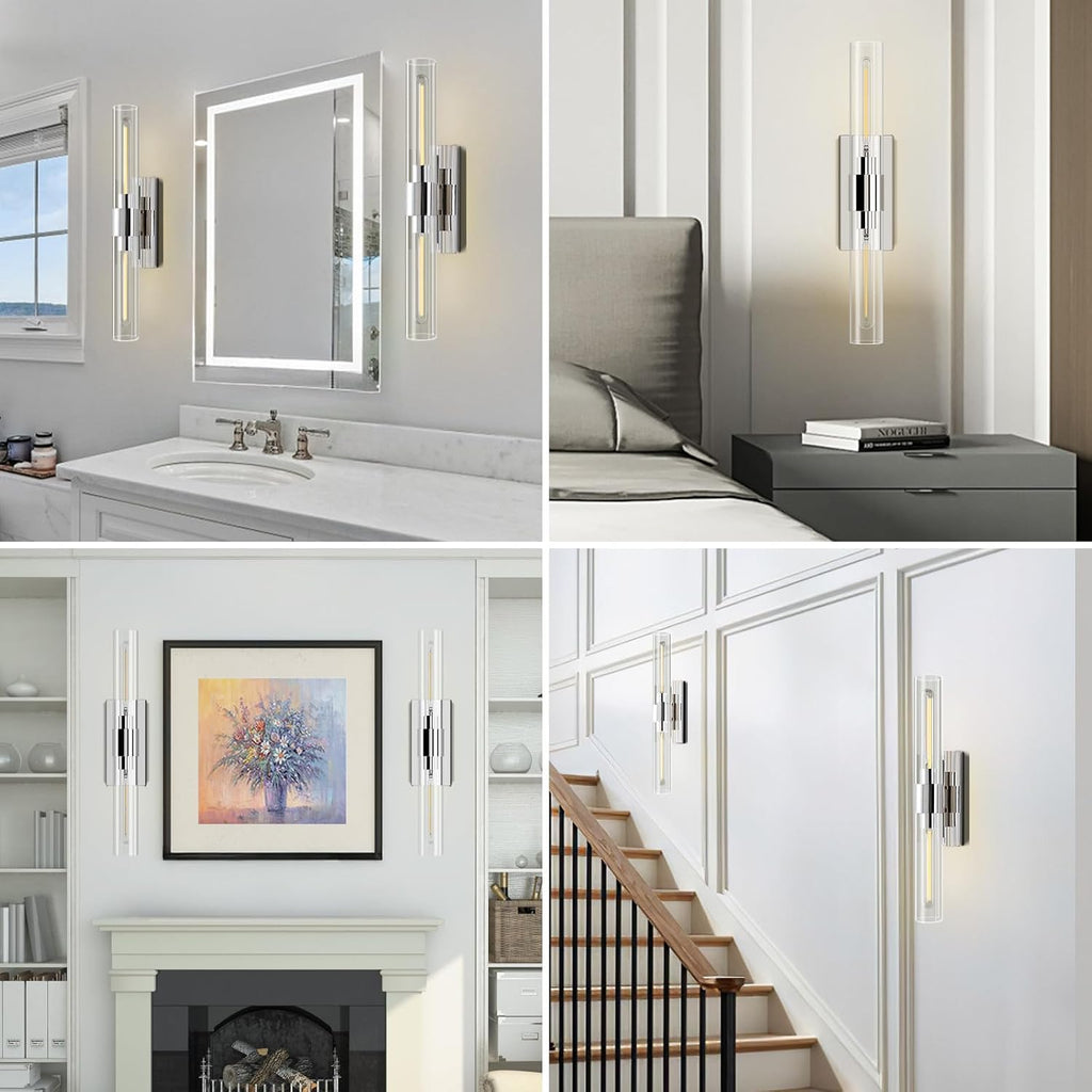 YUYI Nickel Wall Sconces Set of Two, 22.8'' Indoor Sconces Wall Decor Set of 2 with Clear Glass Shade, Bathroom Vanity Wall Lights for Bathroom Living Room Bedroom Hallway Fireplace Staircase