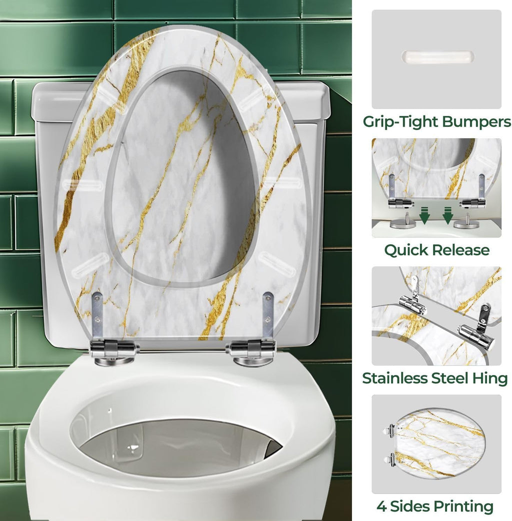 Elongated Toilet Seat White gold marble luxury wall texture shine golden line abstract Art Resin Toilet Seat Easy to Install Quietly Close Quick Release Hinges Decorative Toilet Seat with Cover