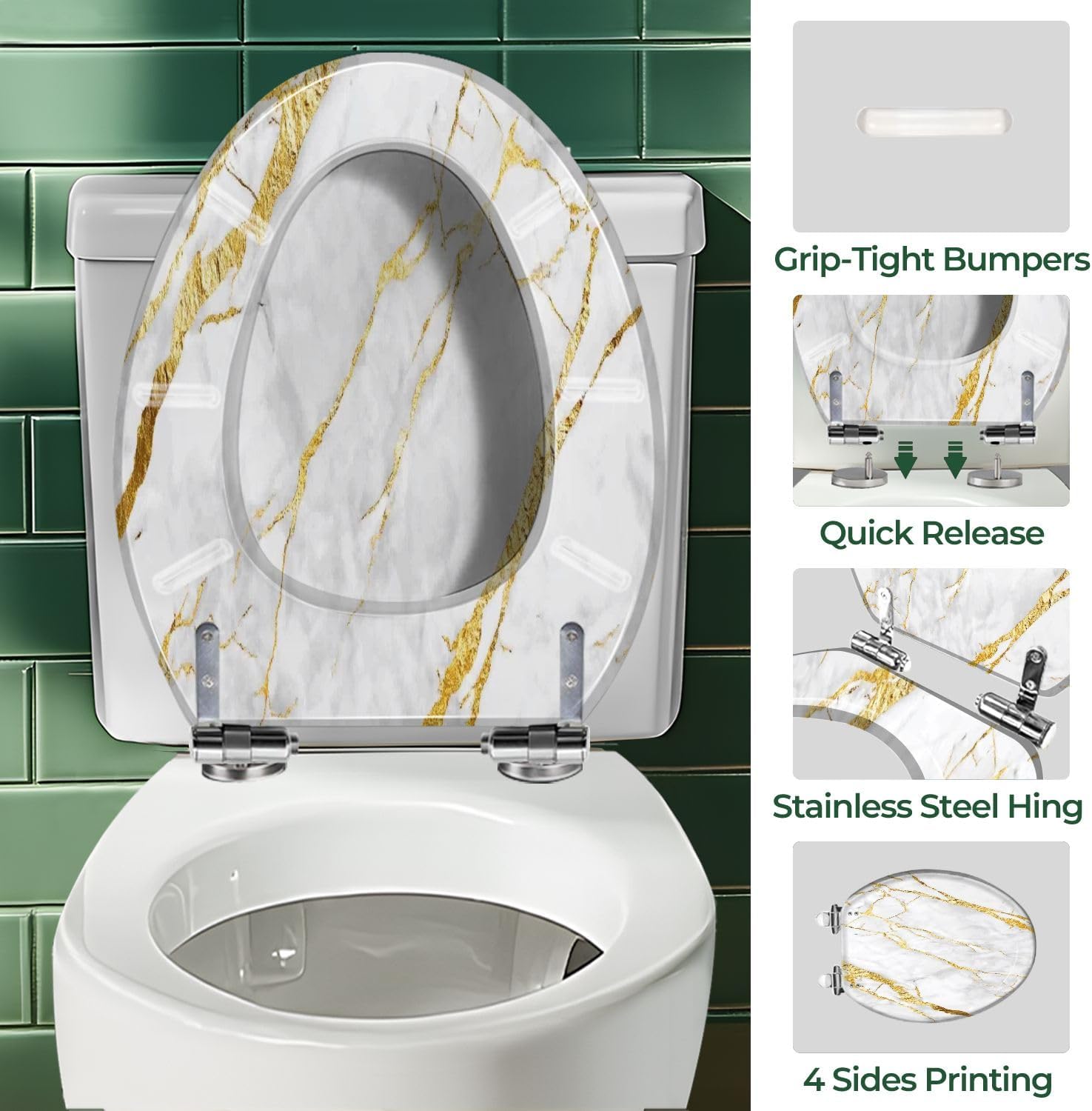 Elongated Toilet Seat White gold marble luxury wall texture shine golden line abstract Art Resin Toilet Seat Easy to Install Quietly Close Quick Release Hinges Decorative Toilet Seat with Cover