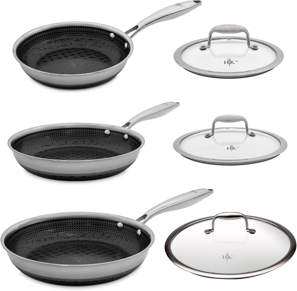 Hell's Kitchen 6 Piece Hybrid Fry Pan Set, Tri-Clad Stainless Steel & PFAS-Free Ceramic Nonstick, no PFOA, no PTFE, no Teflon, Non-Toxic Cookware, Metal Utensil Safe, All Cooktops, Oven Safe