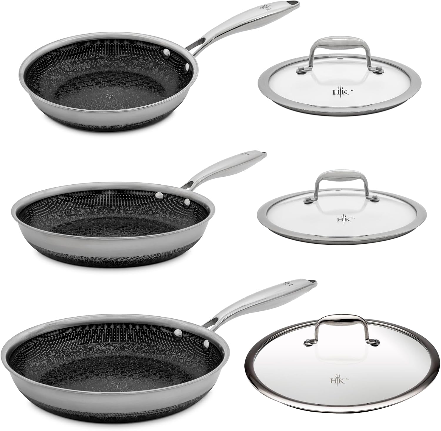 Hell's Kitchen 6 Piece Hybrid Fry Pan Set, Tri-Clad Stainless Steel & PFAS-Free Ceramic Nonstick, no PFOA, no PTFE, no Teflon, Non-Toxic Cookware, Metal Utensil Safe, All Cooktops, Oven Safe