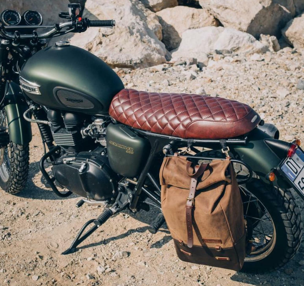 Trip Machine Company Full Grain Leather Roll Top Motorcycle Backpack Pannier – Quick Mount 15L Waterproof Laptop Bag (Dark Brown)
