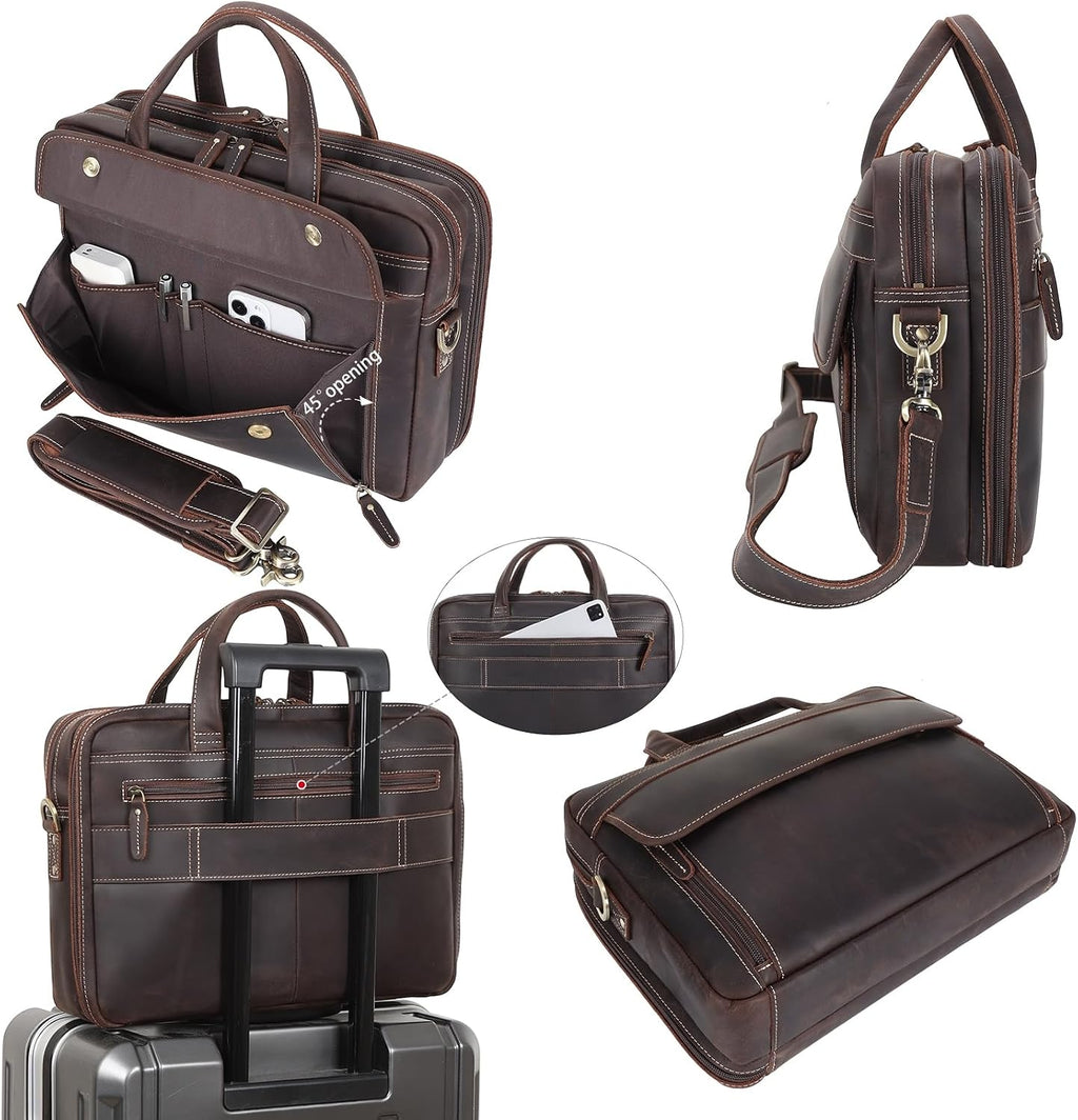 Masa Kawa Leather Briefcase for Men 15.6', 17' Laptop Computer Case Business Travel Work Messenger Cross Body Shoulder Bag