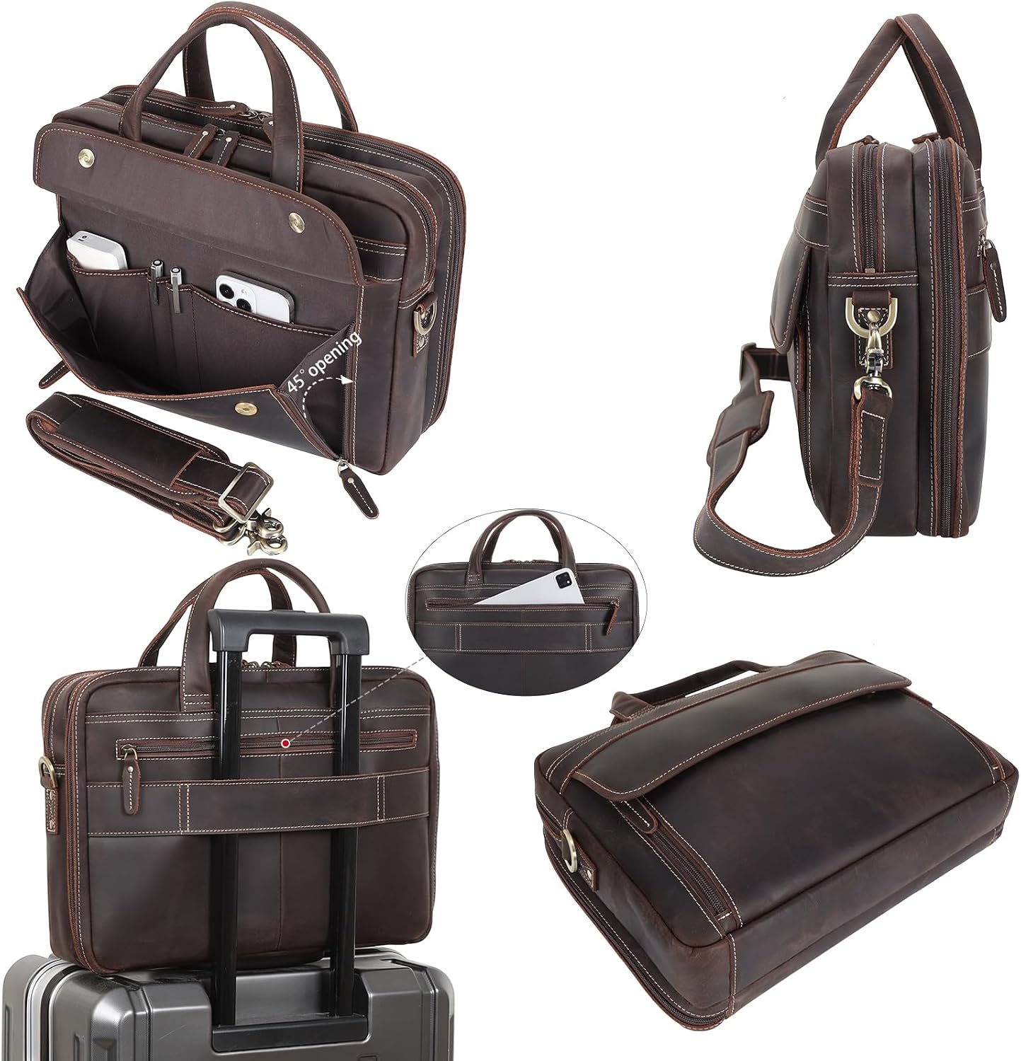Masa Kawa Leather Briefcase for Men 15.6', 17' Laptop Computer Case Business Travel Work Messenger Cross Body Shoulder Bag