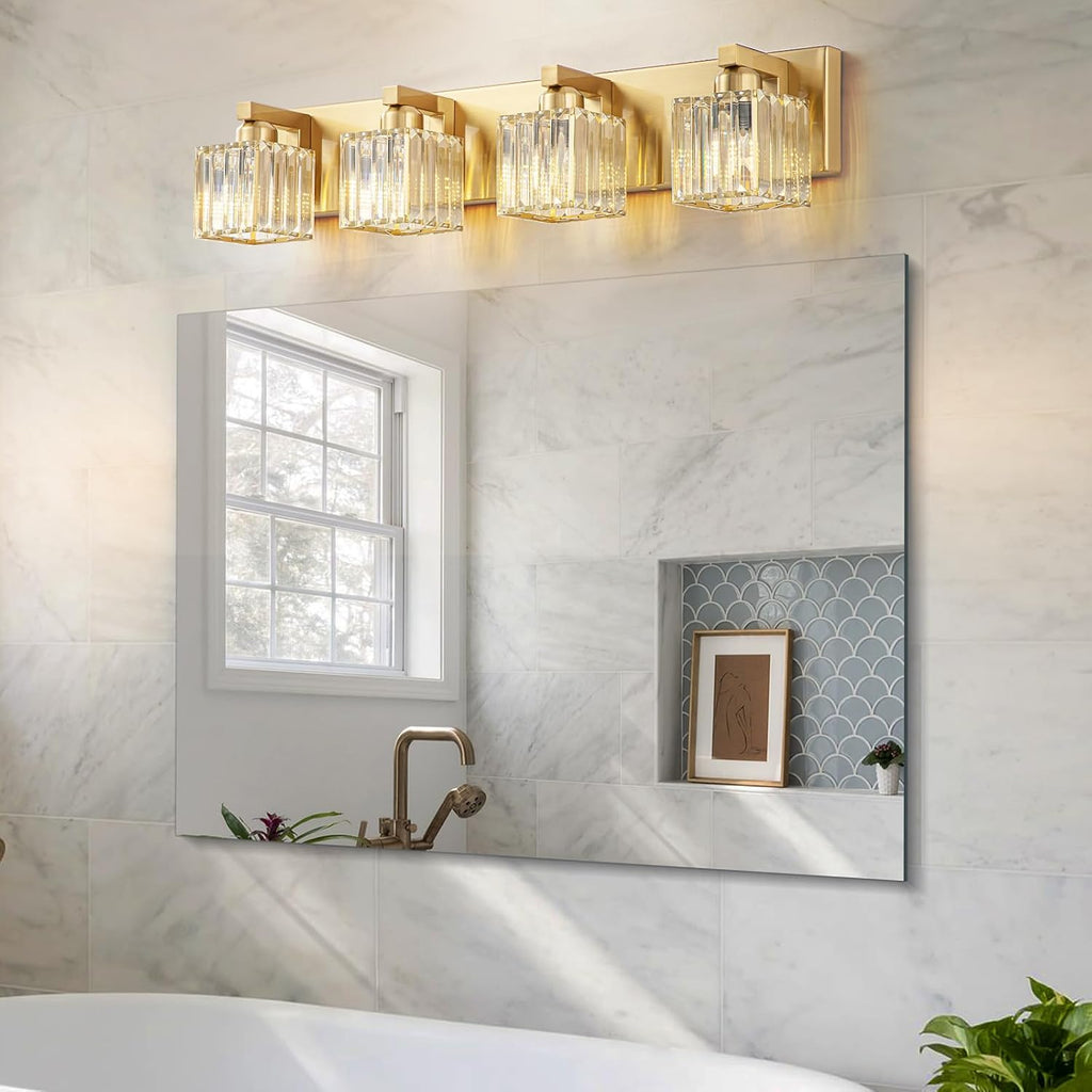 Gold Crystal Bathroom Vanity Lights, 4 Lights Bathroom Lighting Fixtures Over Mirror Modern Gold Crystal Bath Wall Light with Square Shade