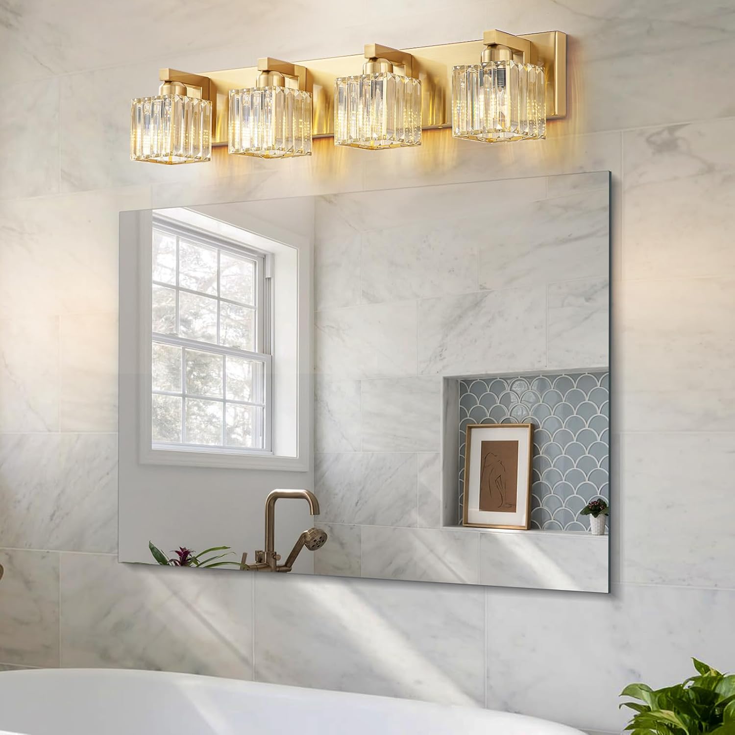 Gold Crystal Bathroom Vanity Lights, 4 Lights Bathroom Lighting Fixtures Over Mirror Modern Gold Crystal Bath Wall Light with Square Shade