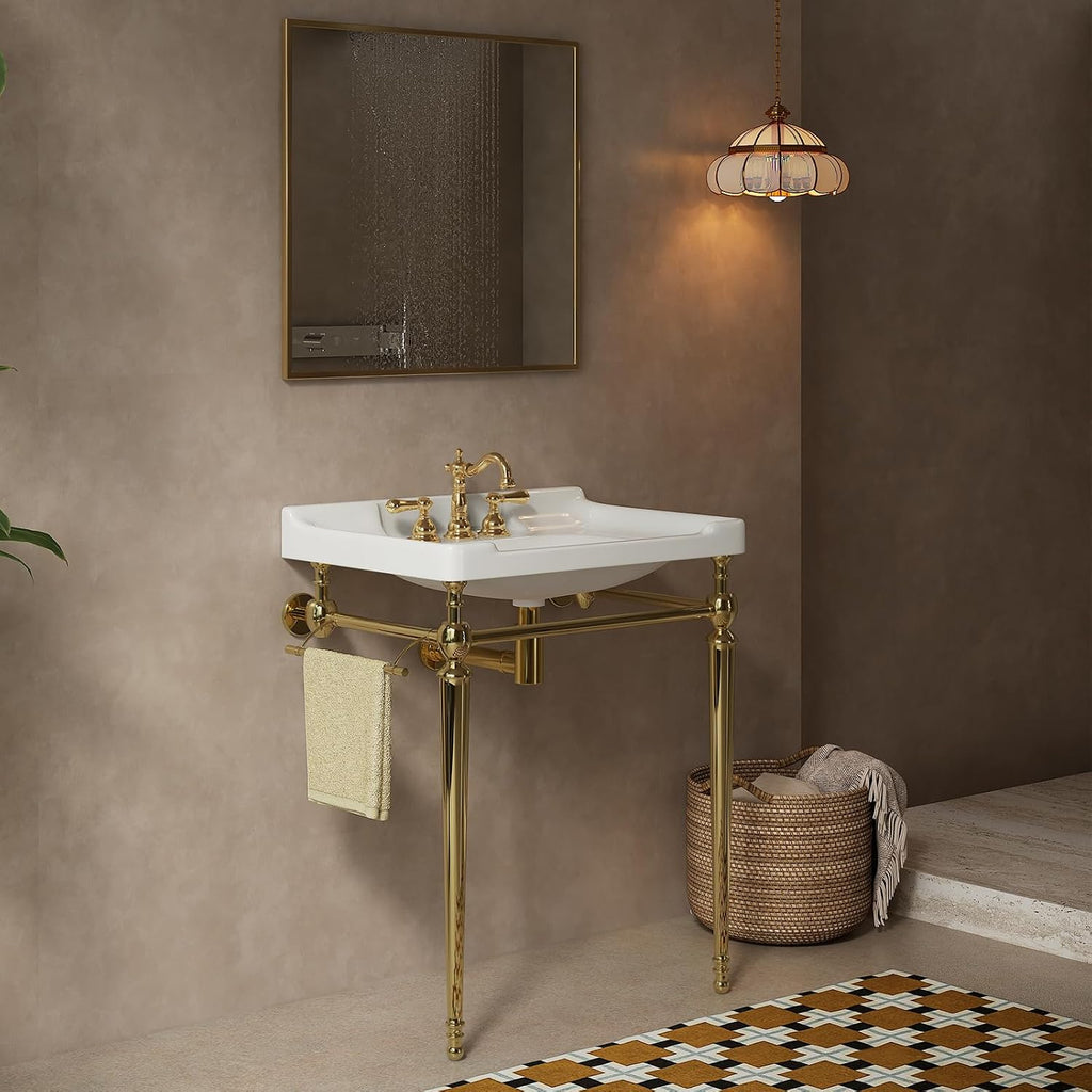 28'' Console Bathroom Sink, Freestanding Console Sink With Stainless Brushed Gold Legs, Modern Bathroom Vanity with 3 Tap Holes, White Ceramic Basin