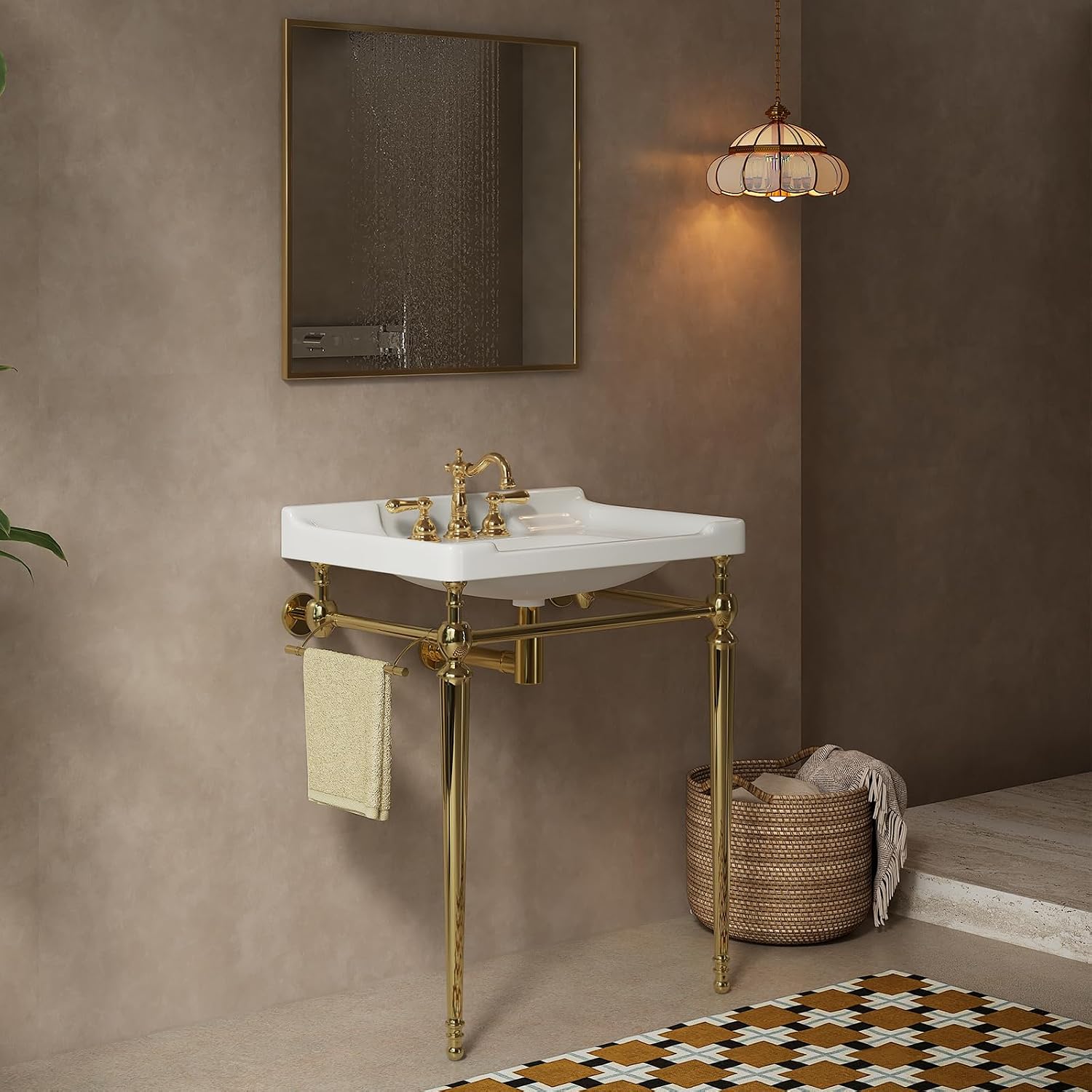 28'' Console Bathroom Sink, Freestanding Console Sink With Stainless Brushed Gold Legs, Modern Bathroom Vanity with 3 Tap Holes, White Ceramic Basin
