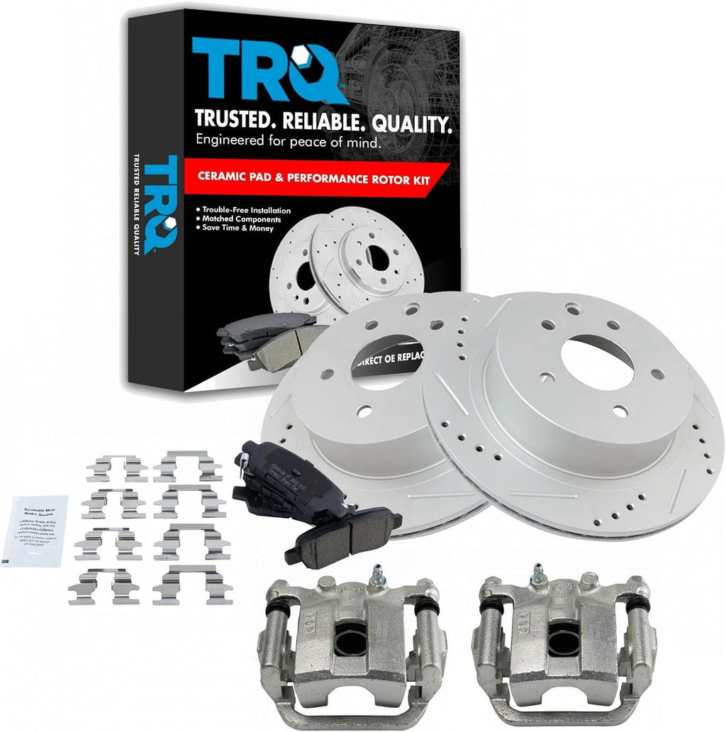 TRQ Performance Rear Brake Pad and Rotor Set Ceramic Vented Coated Rotors Calipers Compatible with 2008-2013 Nissan Rogue 2014-2015 Rogue Select