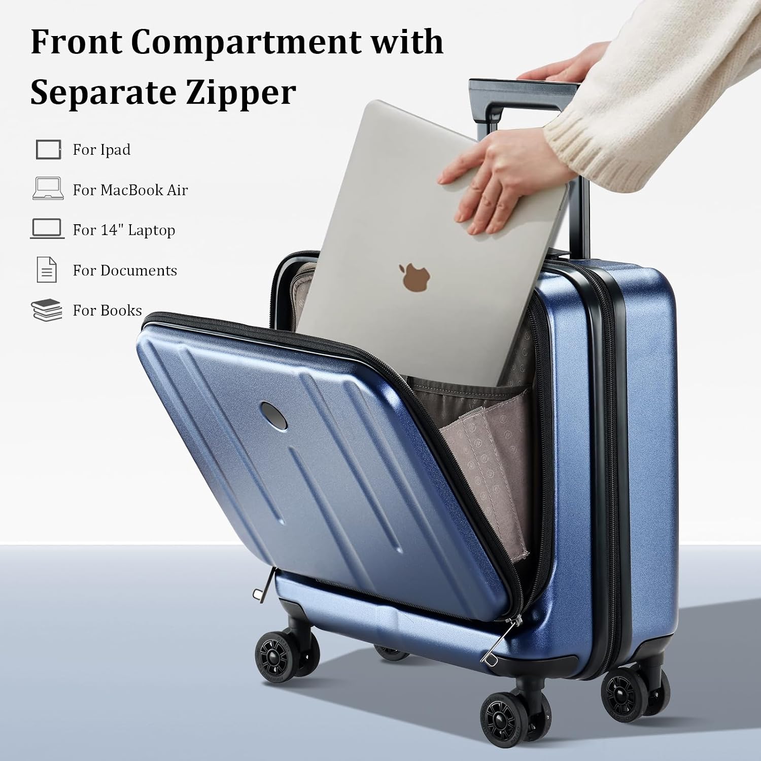 Kaleenie 16' Carry On Briefcase Luggage with 2 Laptop Compartments, Lightweight Hardshell Suitcase with Spinner Silent Wheels, for Commute Work Business Trip, Dark Blue