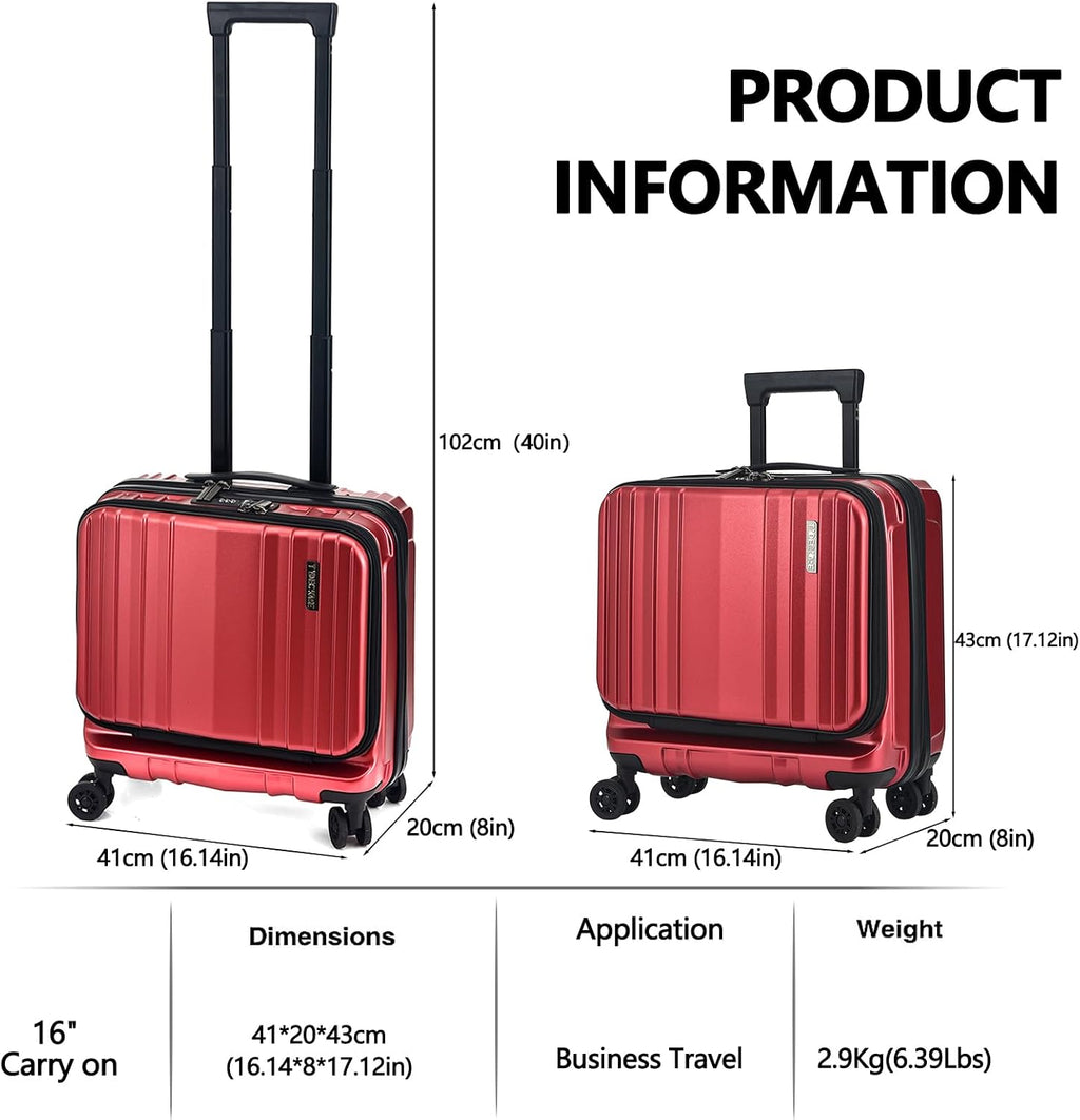 TydeCkare 16' Carry on Luggage with 2 Laptop Compartments, Lightweight Hardshell ABS+PC Suitcase with Dual Control TSA Lock, with YKK Zipper, 4 Spinner Silent Wheels, for Business Travel, Wine Red