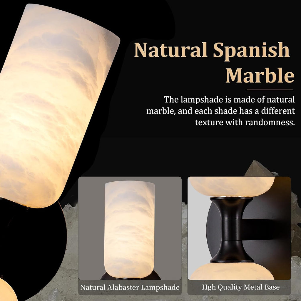 Alabaster Wall Sconce, 14in Modern Spanish Natural Marble Bathroom Vanity Sconces, Unique Indoor Black Wall Lighting Fixtures Decor for Bedroom Living Room Staircases