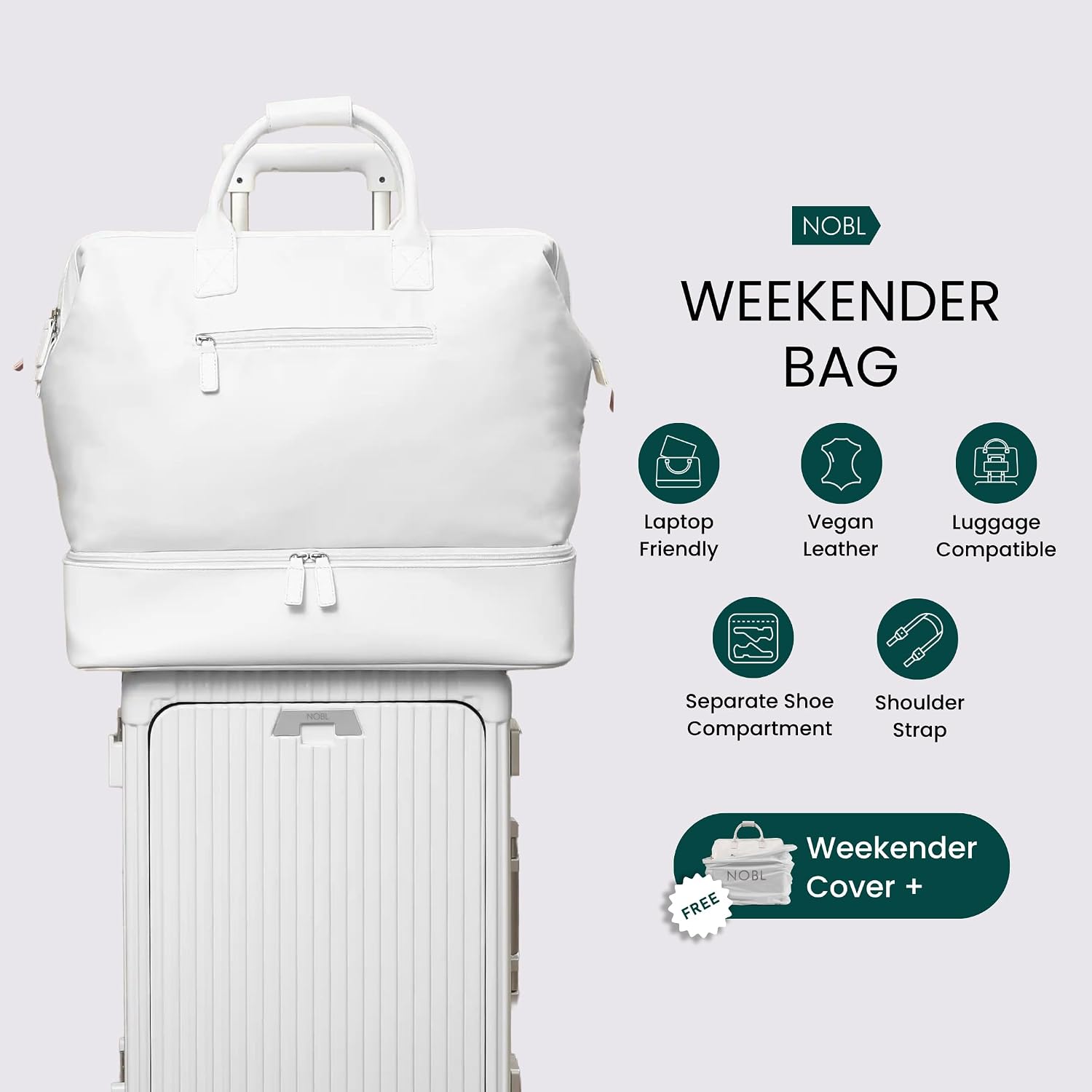 NOBL Travel Weekender Bag for Women & Men, Large Duffel Carry-On Tote with Trolley Sleeve, Separate Shoe Compartment & Laptop Pocket, Leather Overnight Bag for Airplane, Gym, Road Trips - Ivory