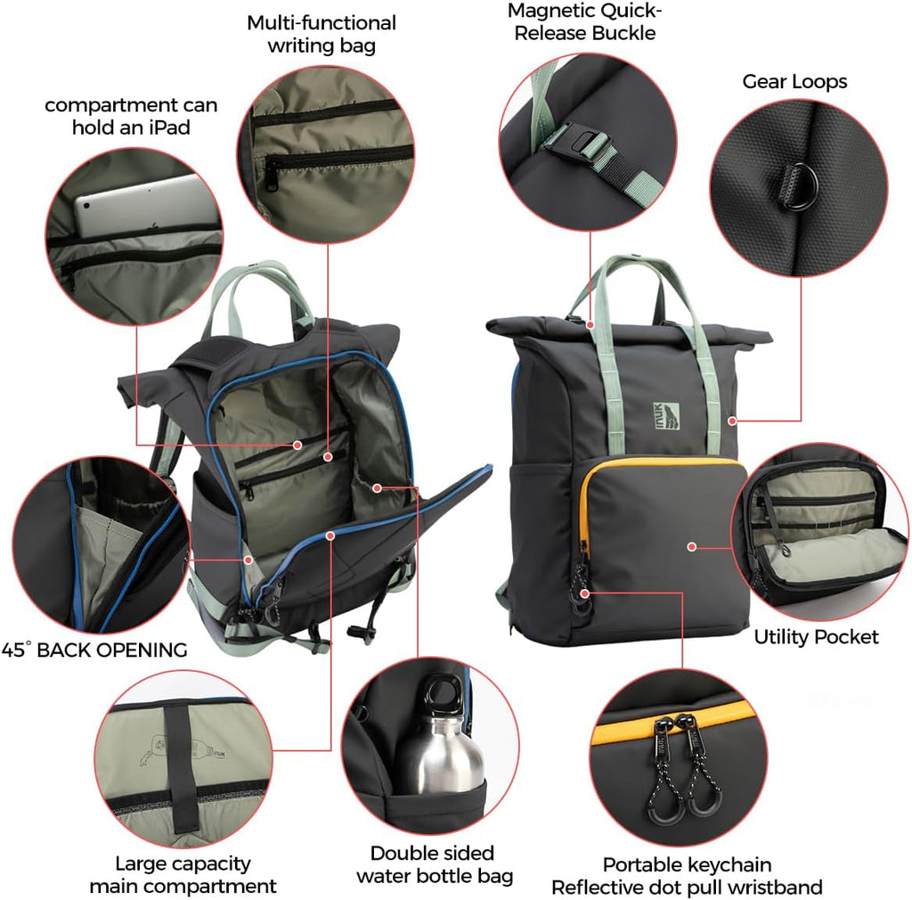 INUK Roll Top Backpack with Laptop Compartment, Gray with Mint Green Handles and Yellow Zipper Trim, Travel and Work Bag