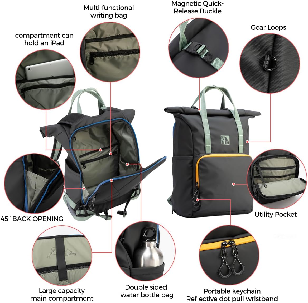 INUK Roll Top Backpack with Laptop Compartment, Gray with Mint Green Handles and Yellow Zipper Trim, Travel and Work Bag