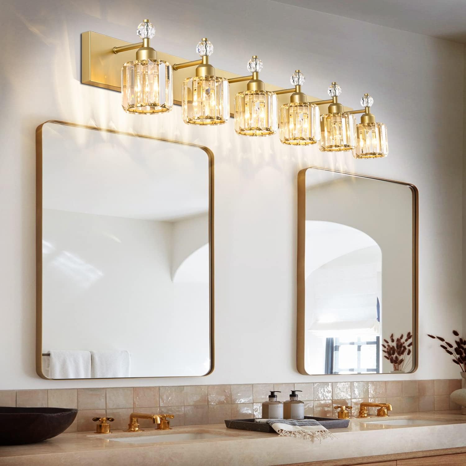 PRESDE Crystal 6 Light Bathroom Vanity Lights Gold Vanity Light for Bathroom Over Mirror Modern Wall Sconce
