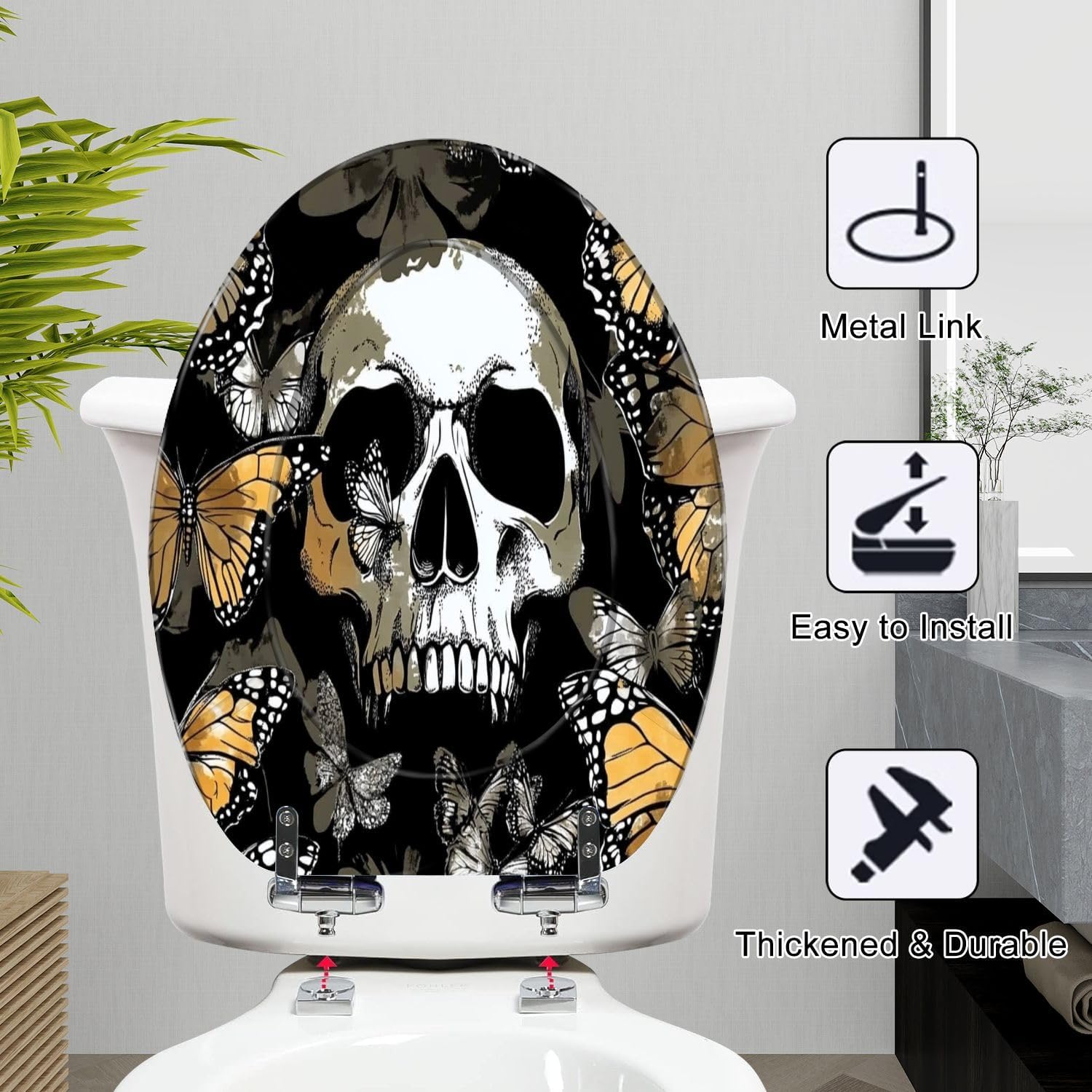 Elongated Toilet Seat Seamless pattern Gold silver Human skulls exotic Butterflies Textile Resin Toilet Seat Slow Quiet Close with Quick-Release Hinges Toilet Seat with Cover Easy to Clean Install