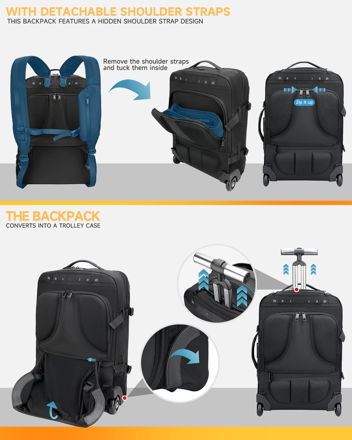 Backpack with wheels,Rolling laptop backpack with 2 Packing Cubes,Water-Resistant,Wheeled backpack Suitcase for Men Adults to Travel, Commuting,Black
