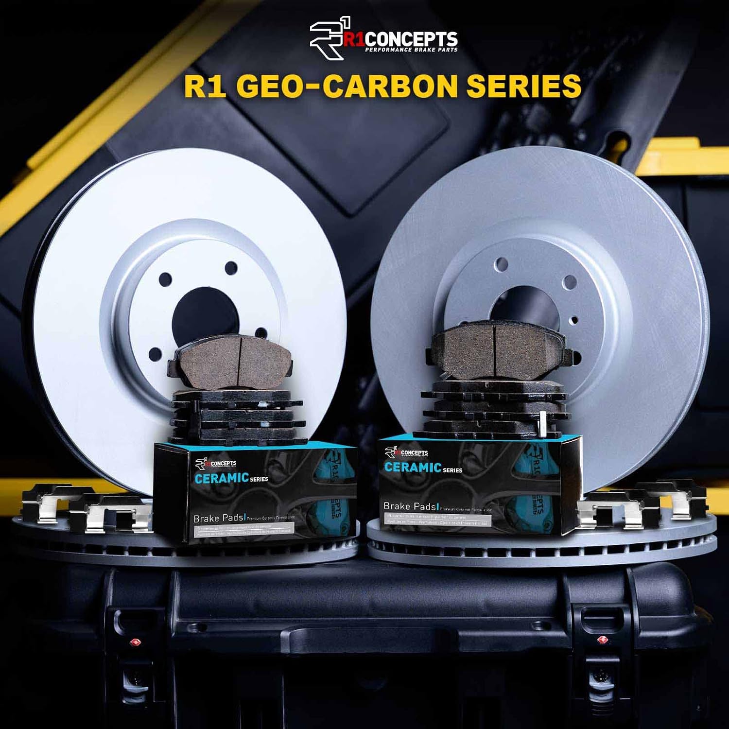 R1 Concepts Front and Rear Brake Kit Fits 2019-2025 Lexus ES300h, ES350, Toyota RAV4; 2019-2022 Lexus UX200, Toyota Avalon| Ceramic Pads, Blank Rotors| Hardware| 12.0' Front & 11.1' Rear