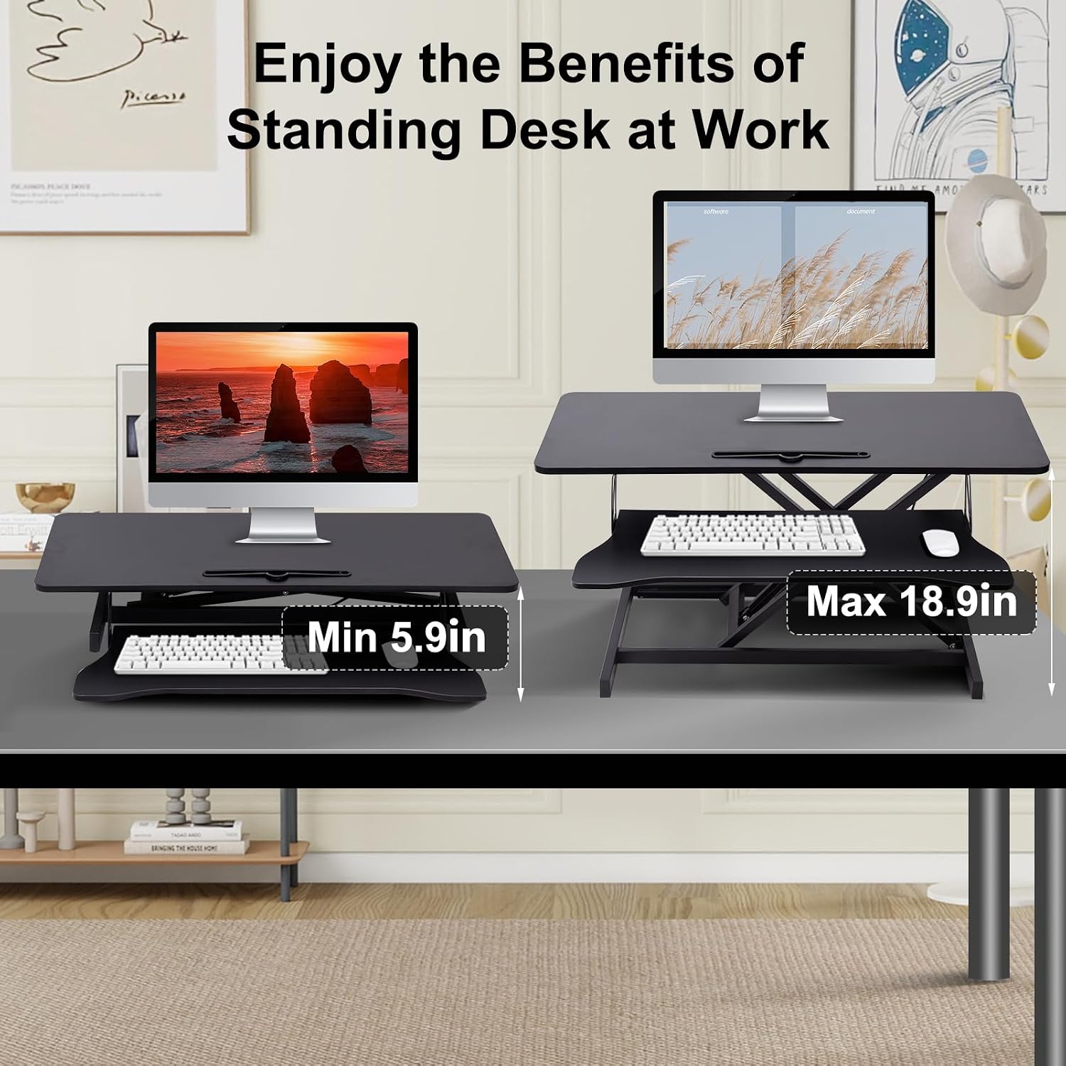 38-inch Standing Desk Converter Height Adjustable Sit to Stand Up Workstation, Duals Monitor and Laptop Riser with Wide Keyboard Tray, for Home, School, Company, Black