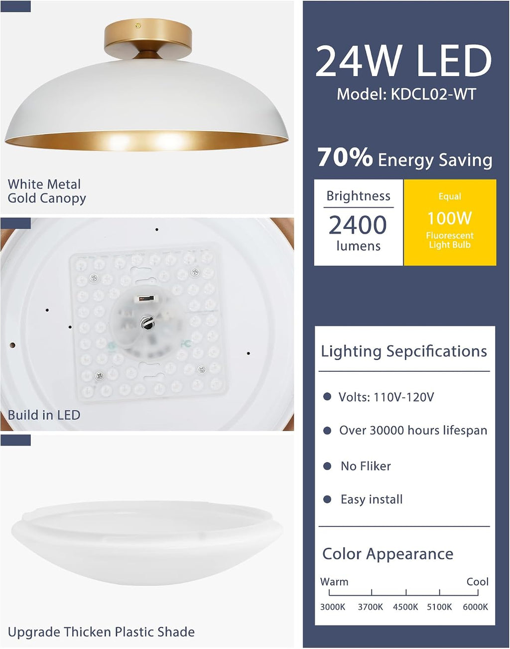 kudos LED Flush Mount Ceiling Light, 2 Pack 16 Inch Ceiling Lights, 24W 2400Lm White and Gold Flush Mount Light Fixtures for Kitchen, Hallway, Bathroom, 5CCT Adjustable, KDCL02-WT-2PK