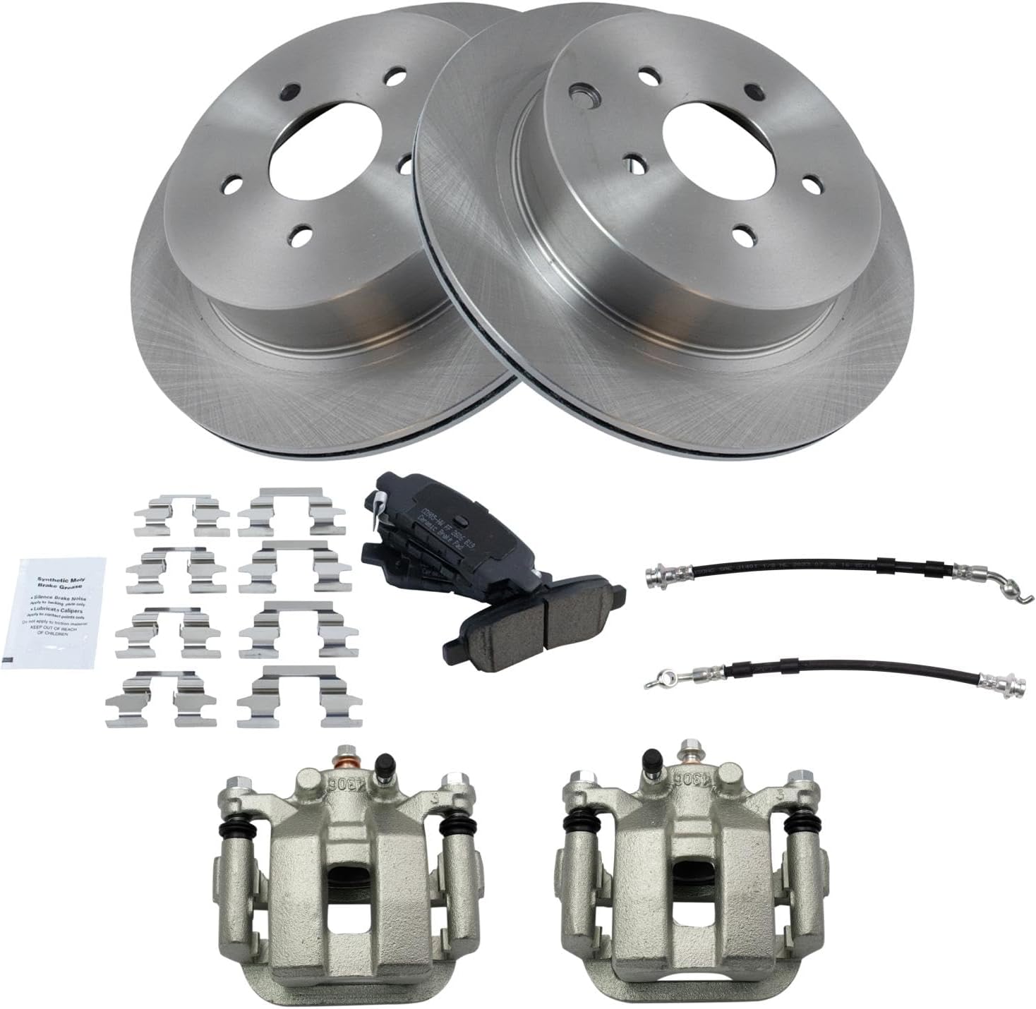 TRQ Rear Brake Pad and Rotor Set Ceramic Rotors Calipers Hoses Compatible with 2003-2007 Nissan Murano