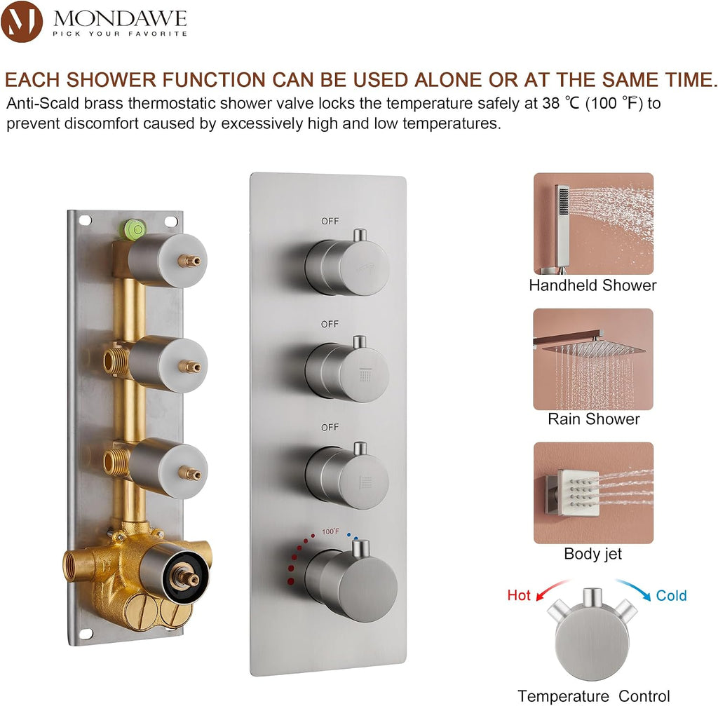 MONDAWE 12 Inch Thermostatic Shower System in Brushed Nickel, Wall Mounted Shower Head with Handheld Spray and 6 Body Jets, High Pressure Bathroom Shower Faucet Set with Thermostatic Valve