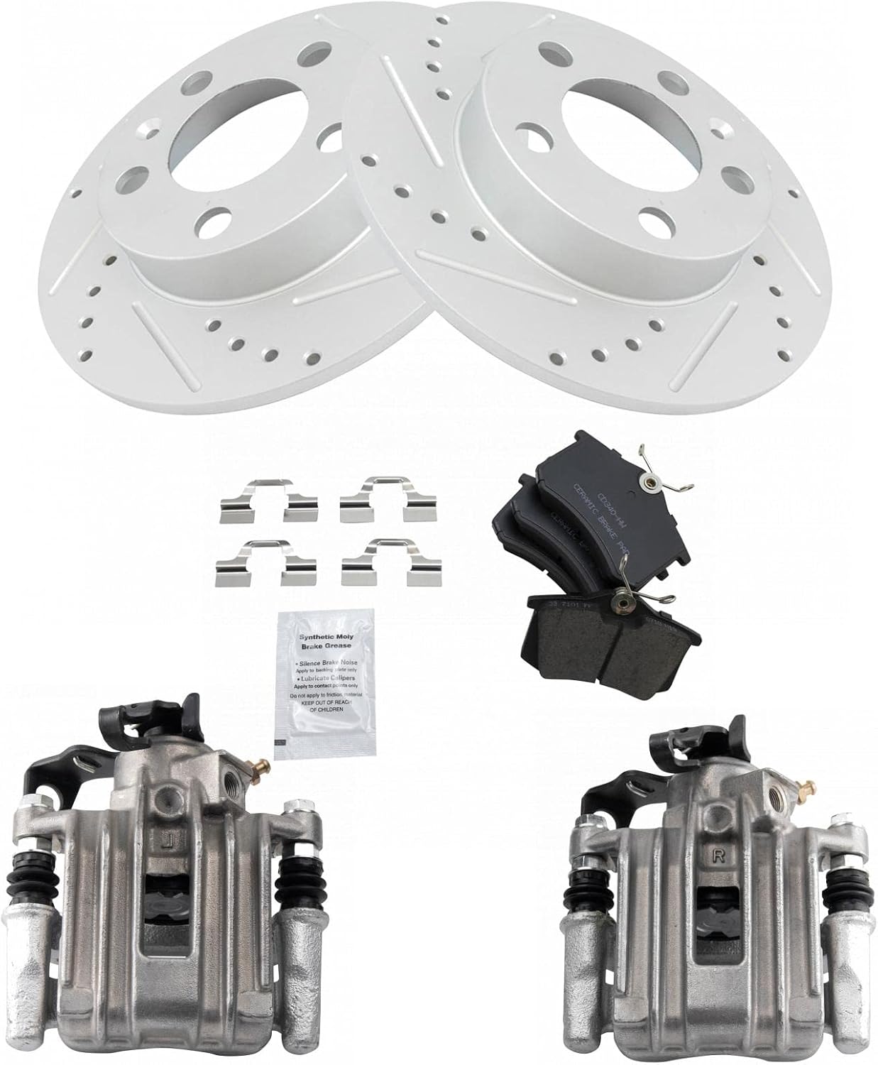 TRQ Performance Rear Brake Pad and Rotor Set Ceramic Solid Rotors Calipers Compatible with 2007-2010 Volkswagen Beetle