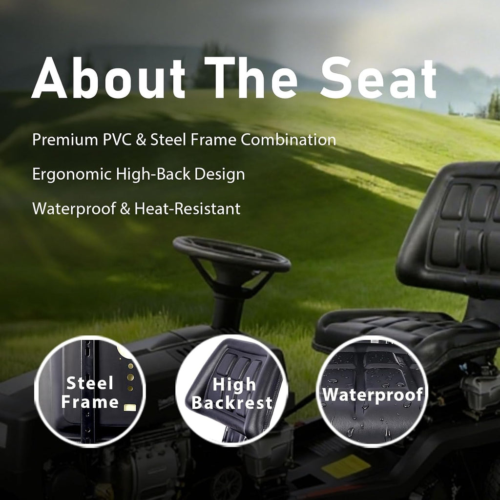 Tractor Seat with Backrest Black Slide Track Steel Luxurious Foam Padding, Perfect for PVC Compact Mower, Ergonomic Mower Seat Replacement, Black