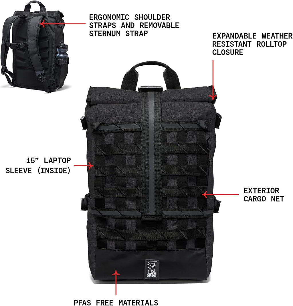 Chrome Industries Barrage 22L Black Roll-Top Backpack – Water Resistant Bag for Work, School, Travel – Features Cargo Net & Laptop Pocket