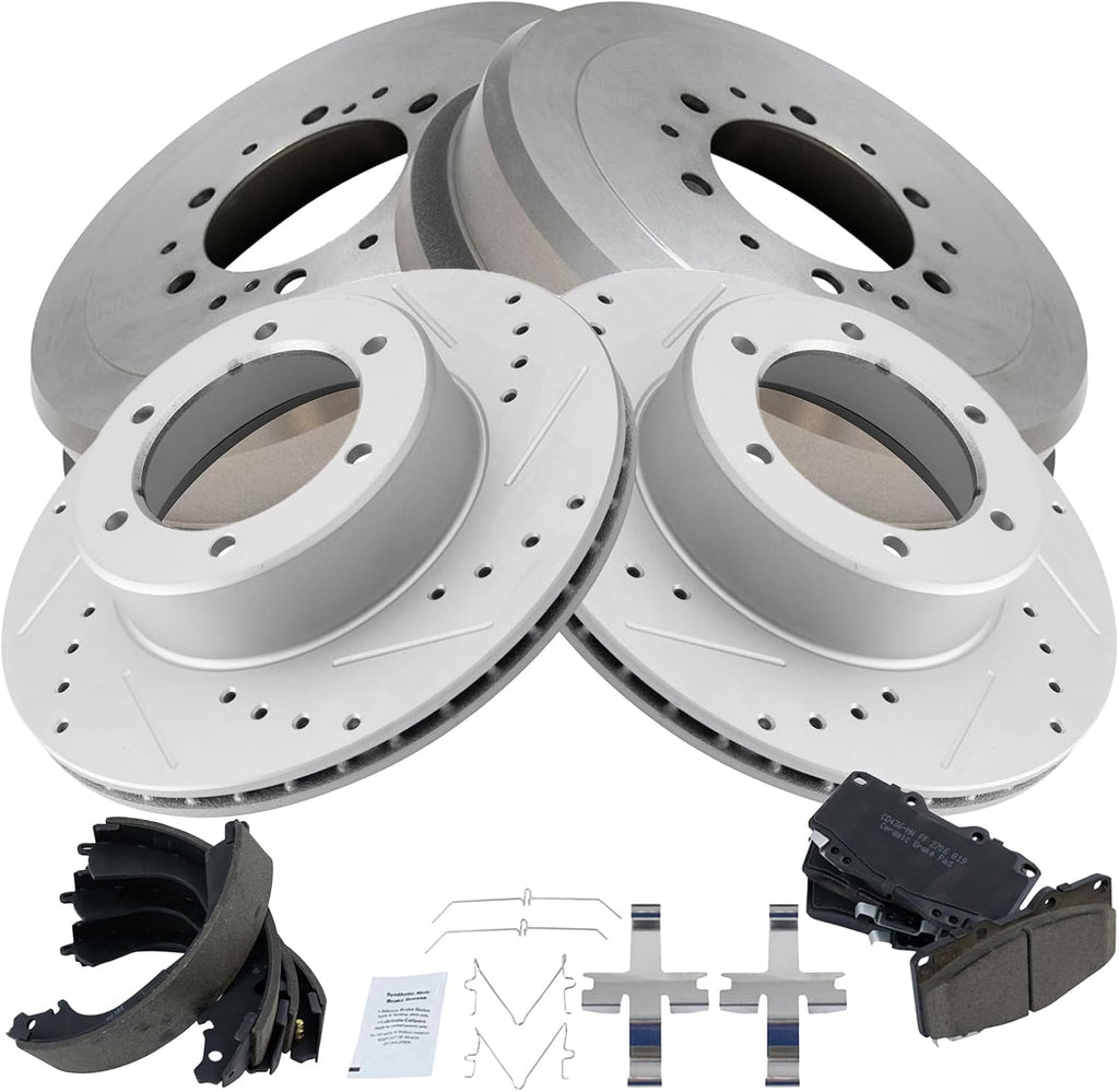 TRQ Front & Rear Brake Pad & Rotor,Shoe & Drum Kit Premium G-Coated Slotted X Drilled Ceramic Performance Compatible with 1990-1991 Toyota 4Runner 1989-1995 Pickup