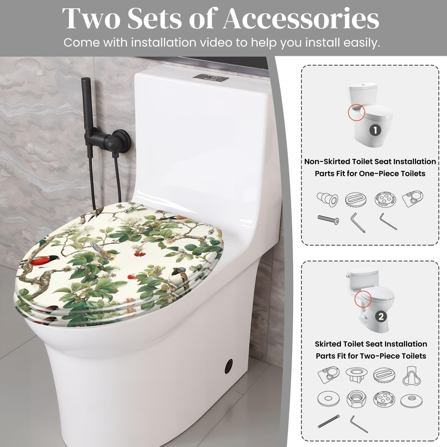 Elongated Toilet Seat Botanical Birds Floral Branches Vibrant Green Leaves Delicate Blooms Resin Toilet Seat Quietly Close Quick Release Hinges with Cover Bumpers Decorative Easy to Install Clean