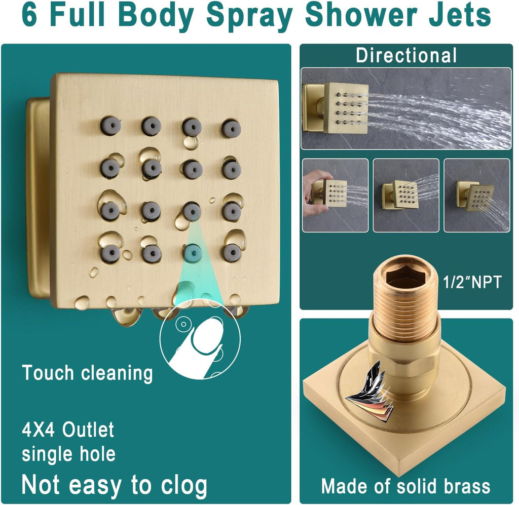 HOMEDEC Luxury Brushed Gold 16inch Shower System with Body Jets, Rainfall Shower Faucet Set with 6pcs Full Body Spray Jets, Ceiling LED Rain Showerhead and Thermostatic Diverter Valve