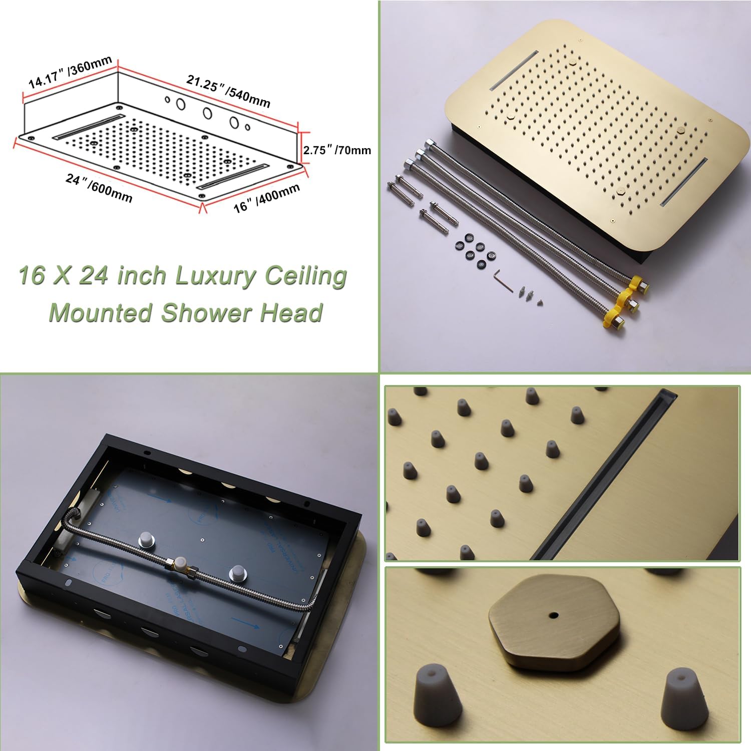 5 Function Thermostatic Shower System 16X24 inch Shower Head Set with Handheld Spray, 4 Body Jet, Brushed Gold