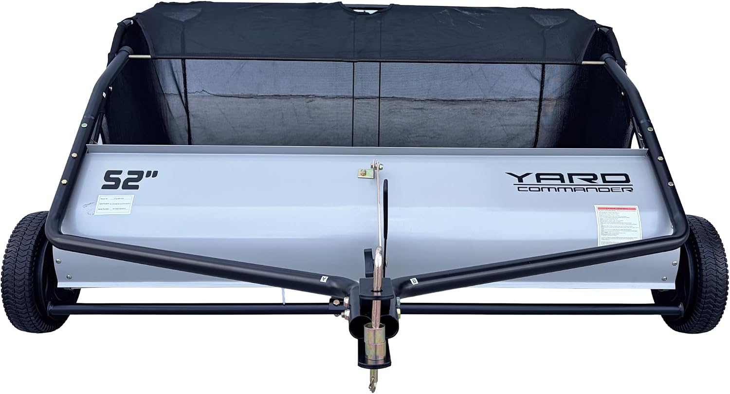 Yard Commander - 52-Inch Tow-Behind Lawn Sweeper, 10' Nylon Brushes, Universal Tractor/ATV Hitch, Never-Flat Wheels, Adjustable Height, 1-Year Warranty, Ideal for Leaves, Grass & Debris