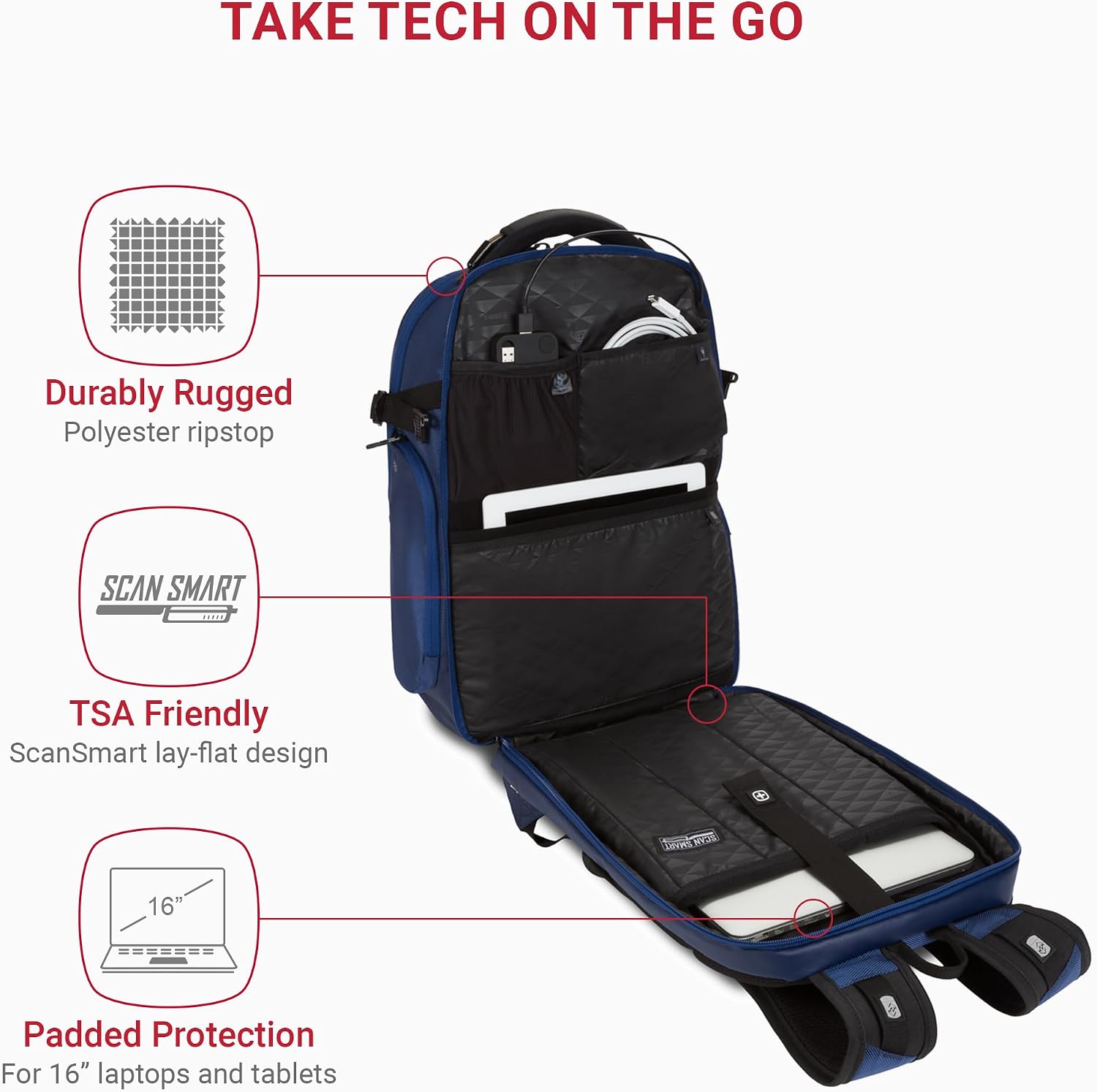 SwissGear Travel Tech Elite Laptop Backpack – Fits Laptops up to 16' – ScanSmart TSA-Friendly Backpack with USB Port, Shoe Compartment & Organizer Pockets – Navy Ballistic