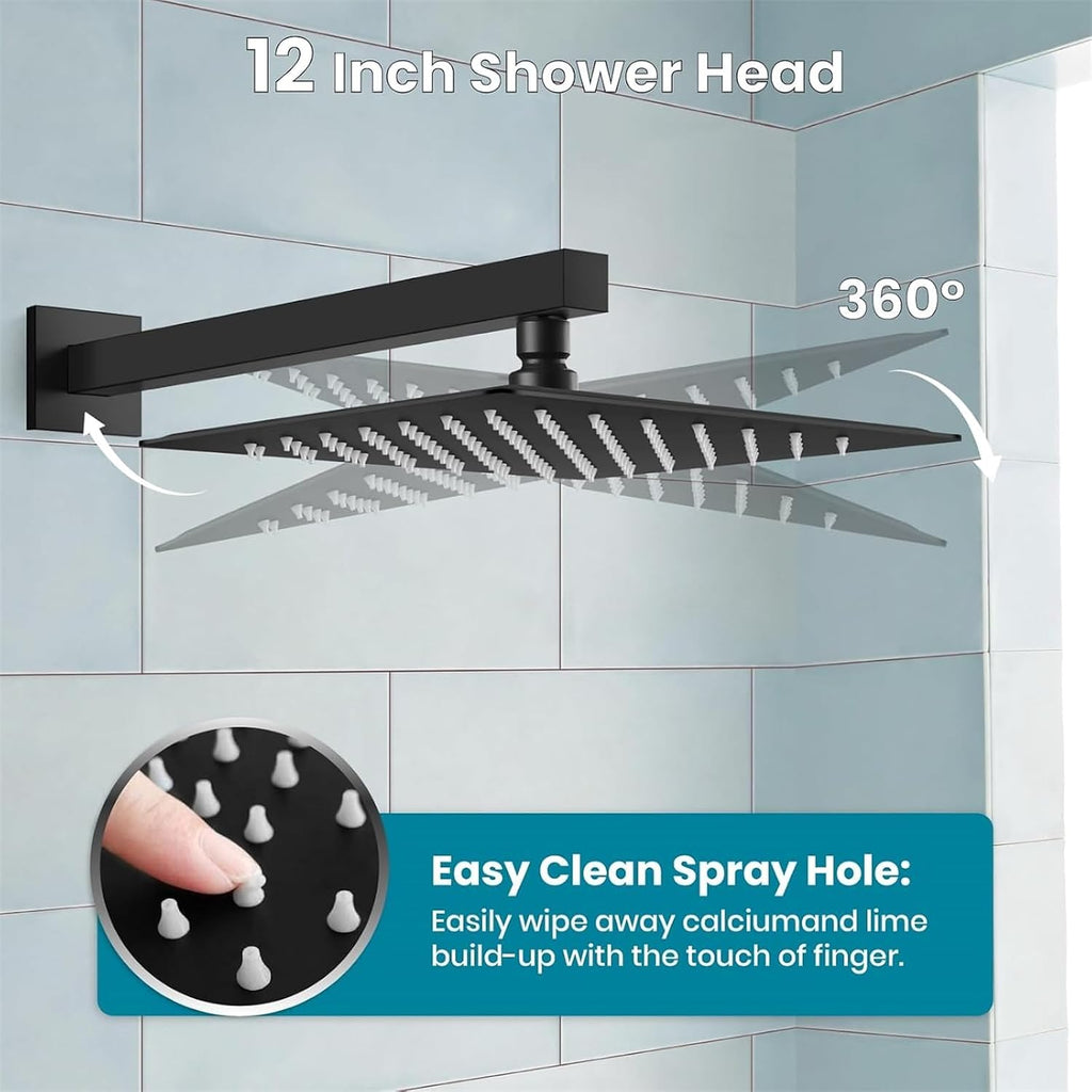 gotonovo Shower System with Tub Spout Wall Mounted Rain Shower Head and Handle Combo Shower Faucet Set with Valve, 12 Inch, Matte Black