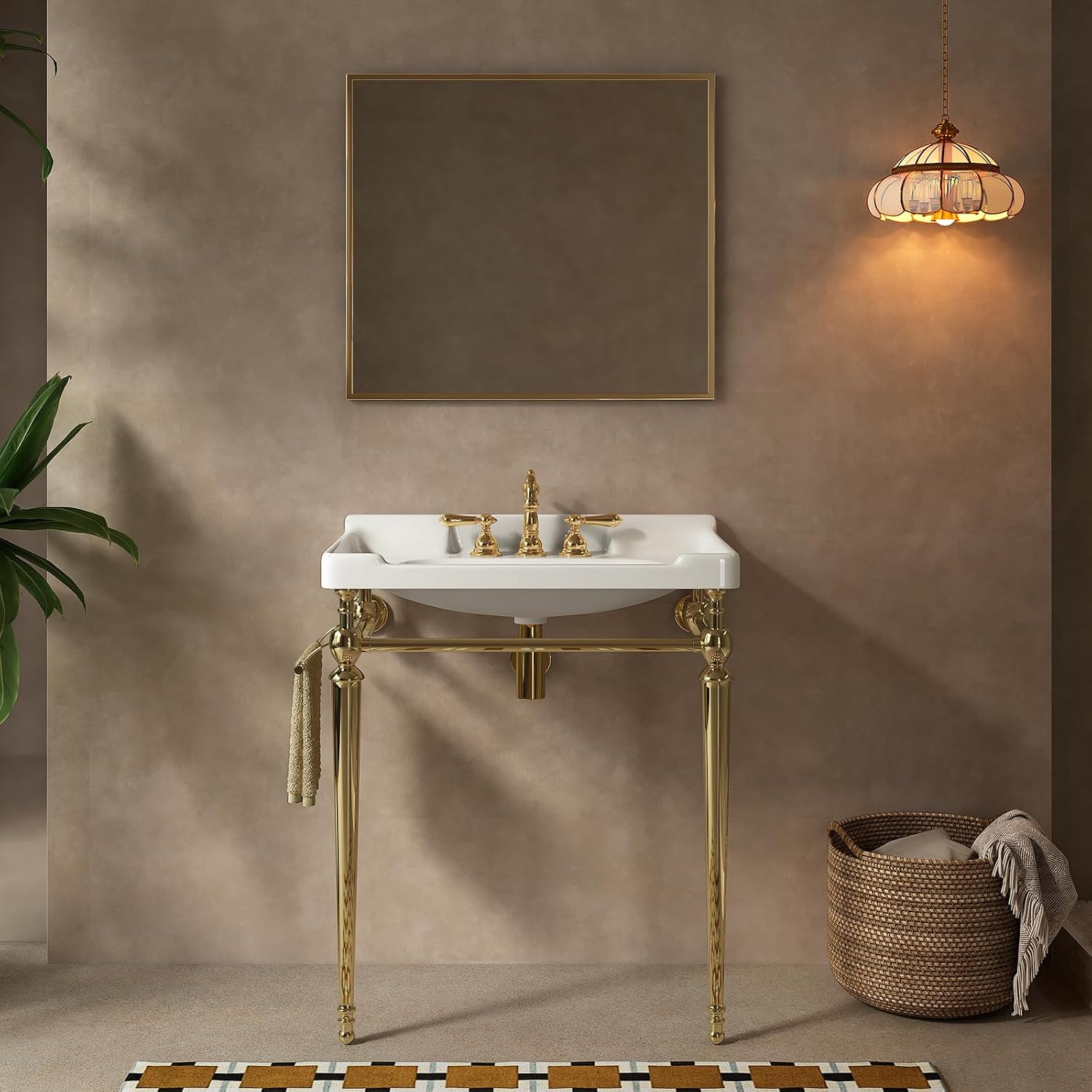 28'' Console Bathroom Sink, Freestanding Console Sink With Stainless Brushed Gold Legs, Modern Bathroom Vanity with 3 Tap Holes, White Ceramic Basin